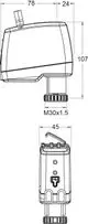 Technisches Element von IMI Hydronic Engineering, dargestellt in verschiedenen Ansichten. Umfasst Anschlüsse und Steuermechanismen, spezifische Maße sind im Bild sichtbar.